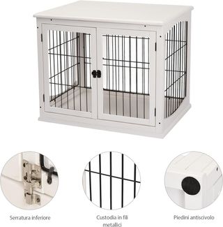 Caseta para Perros de Interior, Jaula para Animales de Madera y Metal con Doble Puerta, 58.5X81X66Cm, Blanco