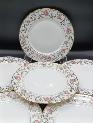 Set 6 Platos Postre Limoges Flores Rosas Dorados