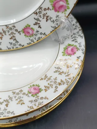 Set 6 Platos Postre Limoges Flores Rosas Dorados