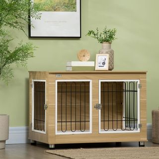 Jaula para Perros Tamaño Mediano y Grande Máx. 25 Kg Para Interior, Casa para Perros Con 2 Puertas Bloqueables, Patas Regulables y Cojín Lavable, 90X58X65 Cm, Roble