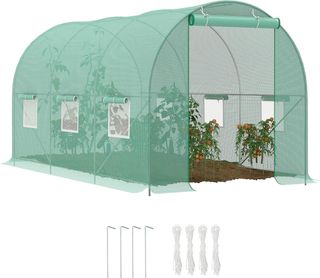 Invernadero de túnel 4.45X2X2 M, Con 6 Ventanas y Puerta Enrollable, Invernadero de Jardín Con Techo Redondeado, en PE y Metal, Verde