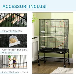 Jaula para Aves de Acero con Posaderos, Juguetes, Contenedores de Comida y Bandeja Extraíble, 79X49X133 Cm, Negra