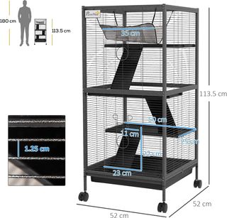 Jaula para Pequeños Roedores de Acero, Jaulita para Cobayas y Chinchillas con 3 Niveles, 4 Ruedas, Hamaca y Bandeja Extraíble, 52 x 52 x 113.5 cm, Gris