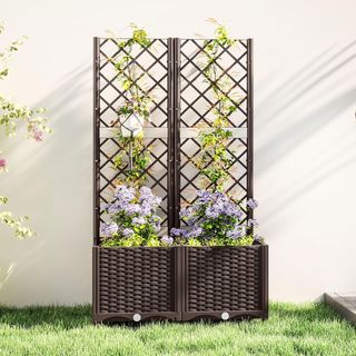 Cama Elevada para Huerto Exterior con Enrejado y 6 Orificios de Drenaje, Jardinería Exterior para Plantas Trepadoras en PP, para Flores y Verduras, para Jardín y Balcón, 80X40X135 Cm, Marrón