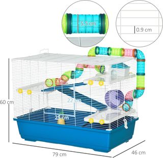 Jaula para Hámsteres de 4 Niveles con Rueda, Casa y Tubos, Jaulita para Roedores de Acero, PP y PS con Asas de Transporte, 79X46X60 Cm, Azul y Blanco