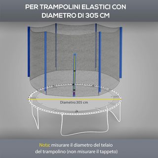 Red De Protección Para Trampolines Elásticos Con 6 Postes Y Entrada Con Cremallera, Red Protectora Para Trampolines De PE, Ø305X180 Cm, Negro Y Azul