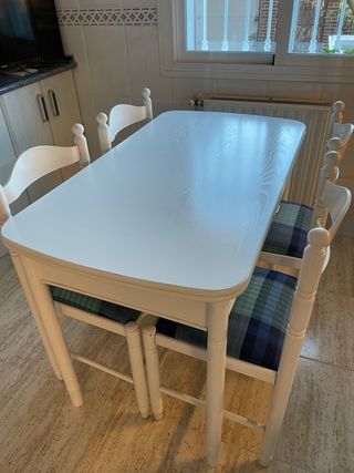 4 Sillas cocina madera blanca y asiento tela