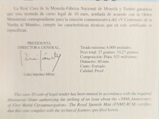 Moneda 10 Euro V Centenario Vuelta al Mundo PLATA