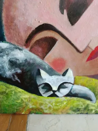 Cuadro óleo abstracto, mujer con gato