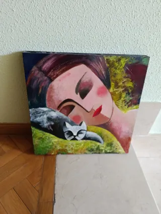 Cuadro óleo abstracto, mujer con gato