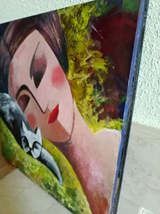 Cuadro óleo abstracto, mujer con gato
