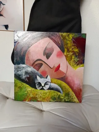 Cuadro óleo abstracto, mujer con gato