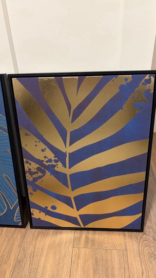 2 Cuadros Hojas Doradas Azul