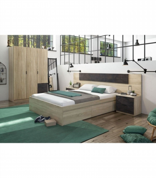 Cabecero y 2 Mesitas de Noche. Roble Canadian/Oxi