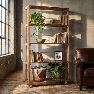 Libreria Legno Riciclato 5 Ripiani con Ruote