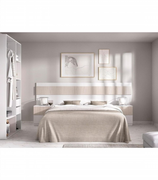 Cabecero y Mesitas de Noche. Blanco/Alistonado