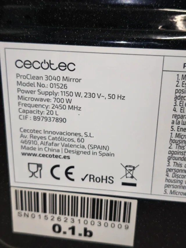 Microondas Cecotec Proclean 3440 Mirror