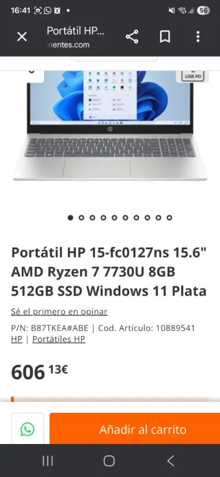 HP 15-fc0127ns 15.6 Ryzen 7 7730U 8GB 512GB SSD