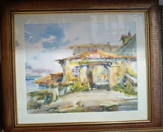 Cuadro acuarela paisaje pueblo