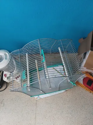 Jaula para pájaros plateada y turquesa