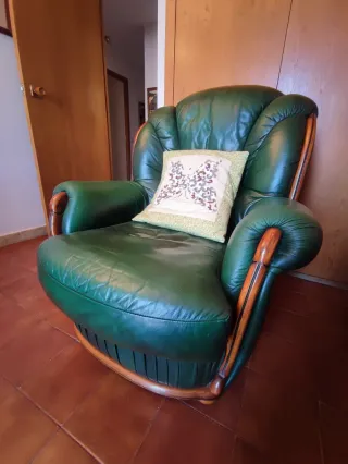 Sofá 3 plazas + 2 sillones piel verde