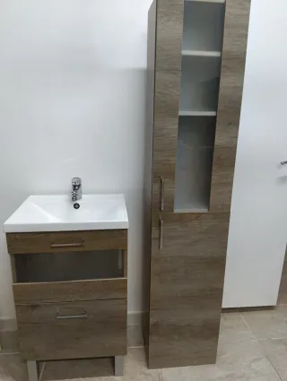 Conjunto lavabo madera y cristal