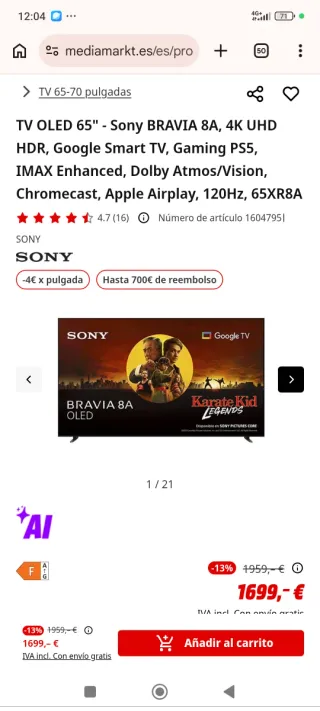TV Sony BRAVIA 8A OLED 65 4K Google TV