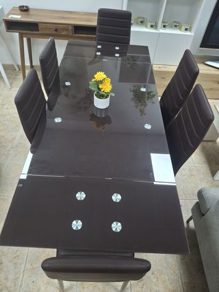 Mesa Cristal Marrón + 6 Sillas Piel
