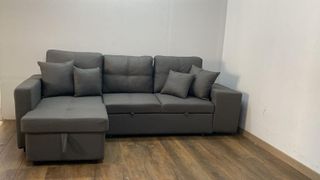 Sofá cama moderno con almacenamiento y puff - Beige y gris