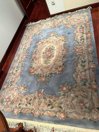 Alfombra lana vintage flores rosa y azul