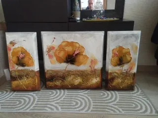 Juego 3 cuadros flores doradas