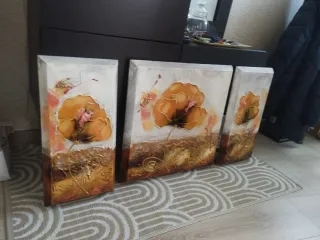 Juego 3 cuadros flores doradas