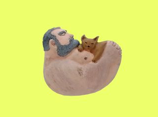 Escultura original gay hombre con gato imán nevera