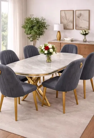 Mesa Comedor + 6 Sillas Terciopelo Gris