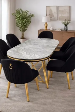 Mesa Comedor + 6 Sillas Terciopelo Gris