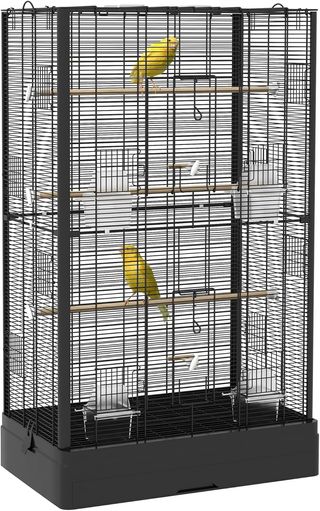 Jaula para Aves con Posaderos de Madera, Voladera para Canarios y Periquitos de Acero con 2 Asas, Bandeja Extraíble y Comederos, 61X36.5X98 Cm, Negro
