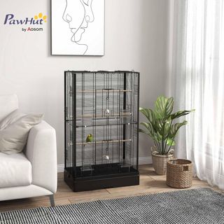 Jaula para Aves con Posaderos de Madera, Voladera para Canarios y Periquitos de Acero con 2 Asas, Bandeja Extraíble y Comederos, 61X36.5X98 Cm, Negro