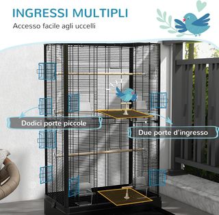 Jaula para Aves con Posaderos de Madera, Voladera para Canarios y Periquitos de Acero con 2 Asas, Bandeja Extraíble y Comederos, 61X36.5X98 Cm, Negro