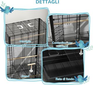 Jaula para Aves con Posaderos de Madera, Voladera para Canarios y Periquitos de Acero con 2 Asas, Bandeja Extraíble y Comederos, 61X36.5X98 Cm, Negro