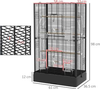 Jaula para Aves con Posaderos de Madera, Voladera para Canarios y Periquitos de Acero con 2 Asas, Bandeja Extraíble y Comederos, 61X36.5X98 Cm, Negro