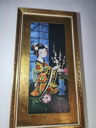 Cuadro vintage geisha tocando shamisen