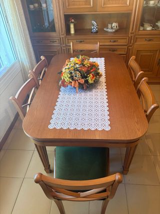 Mesa comedor madera + 6 sillas tapizadas