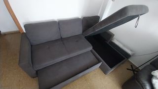 Sofá cama gris con chaise longue + topper incluido