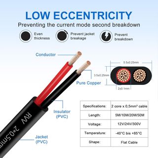 Cable Plano de 2 núcleos, 2×0,5mm² 10M Cable alarg