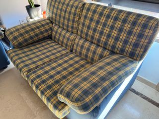 Sofá 2 plazas tela cuadros amarillo/azul