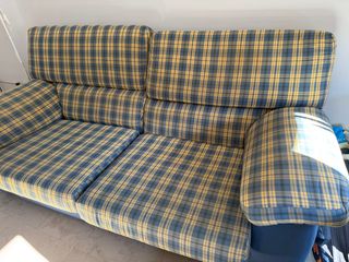 Sofá 2 plazas tela cuadros amarillo/azul