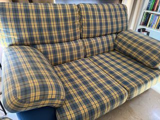 Sofá 2 plazas tela cuadros amarillo/azul