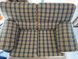 Sofá 2 plazas tela cuadros amarillo/azul