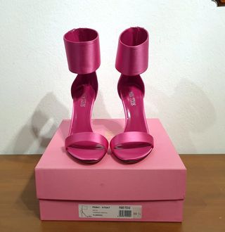 Sandali in raso, tacco, rosa, cinturino, n.39,5