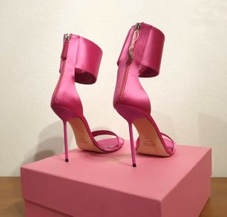 Sandali in raso, tacco, rosa, cinturino, n.39,5